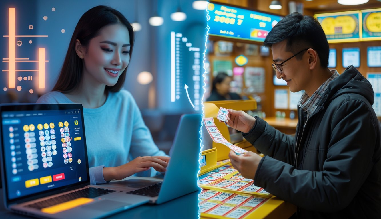 Seseorang bermain togel online menggunakan laptop di rumah dan orang lain membeli tiket togel secara langsung di kios.