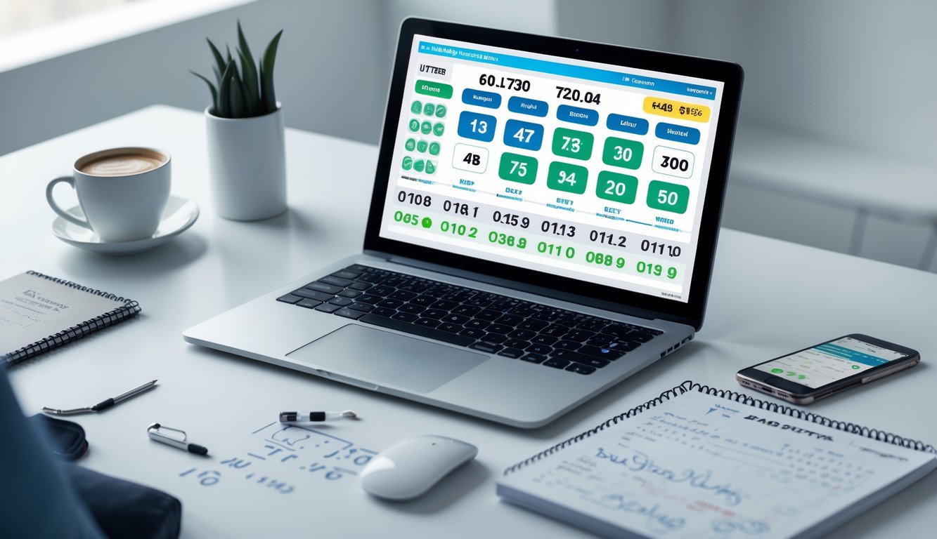 Seorang pria bekerja di depan laptop dengan layar menampilkan angka togel dan grafik peluang, di meja terdapat ponsel, cangkir kopi, dan buku catatan.