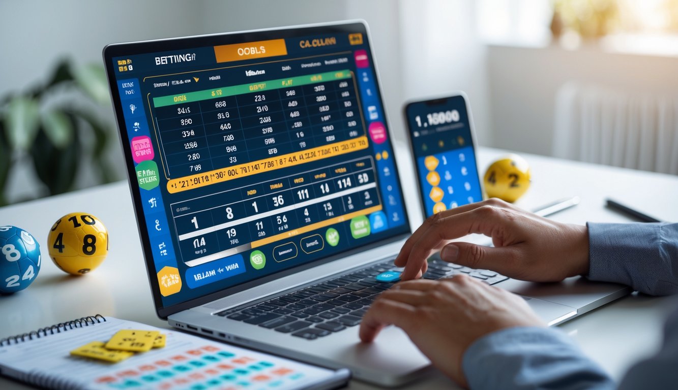 Seorang individu menggunakan laptop dengan tampilan angka togel dan grafik taruhan di meja kerja modern.