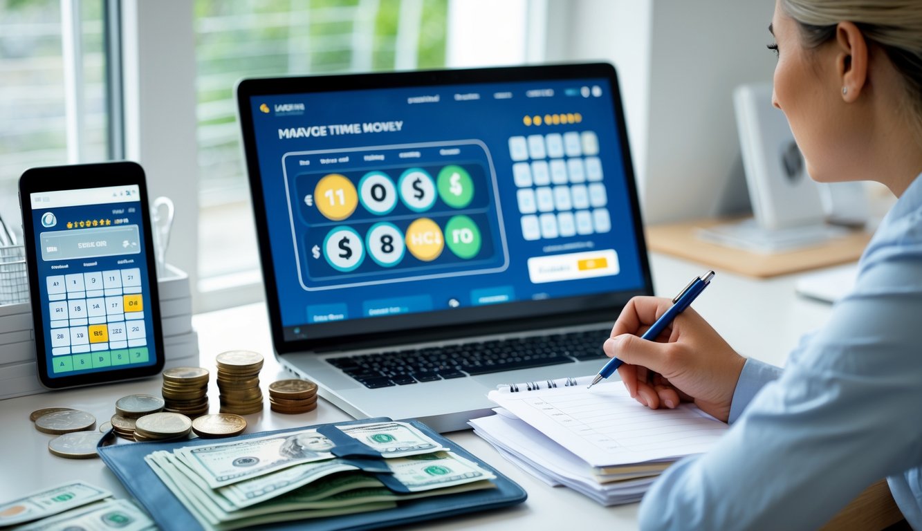 Seorang dewasa duduk di meja dengan laptop, mencatat di planner sambil mengelola uang dan waktu saat bermain togel online.