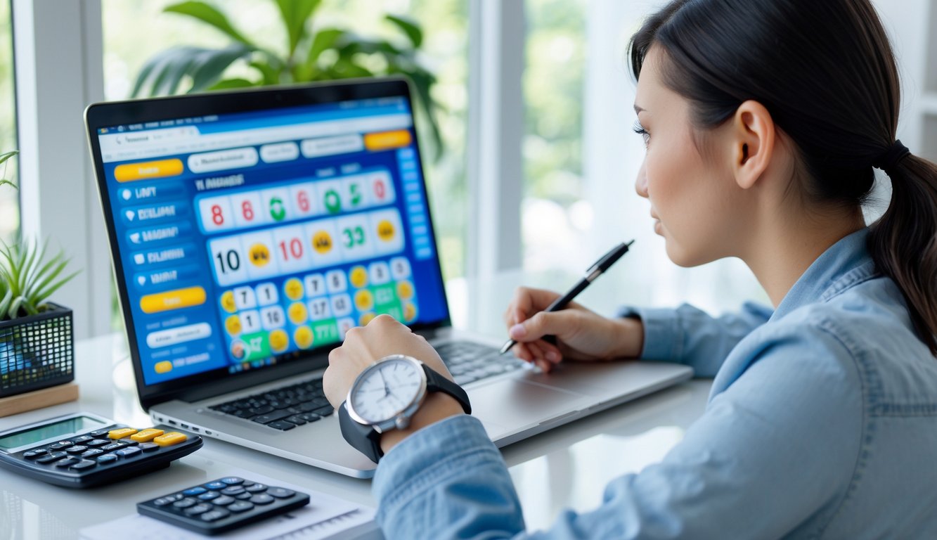 Seorang dewasa muda duduk di meja kerja dengan laptop terbuka, kalender, jam tangan, dan kalkulator, menunjukkan pengelolaan waktu dan uang saat bermain togel online.