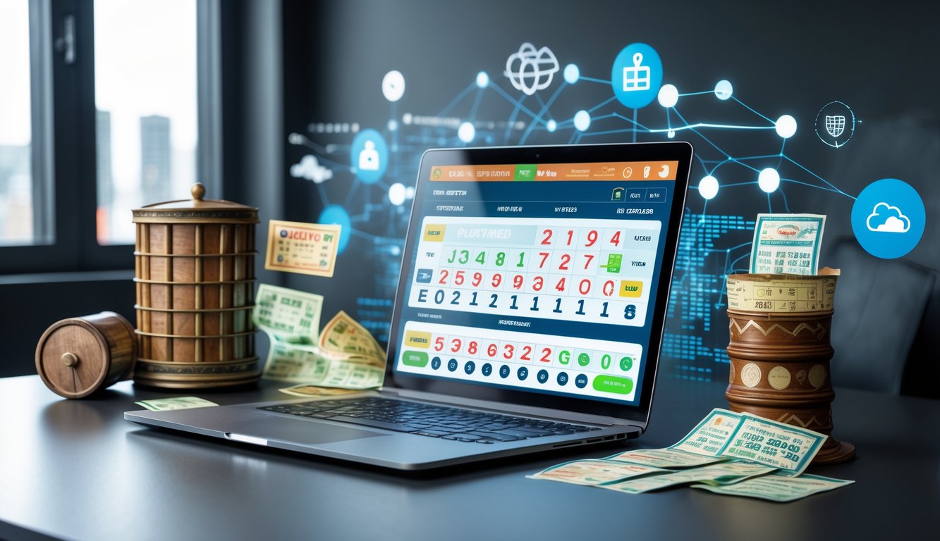 Meja kerja modern dengan laptop yang menampilkan antarmuka togel digital, dikelilingi oleh tiket togel lama dan ikon teknologi digital.