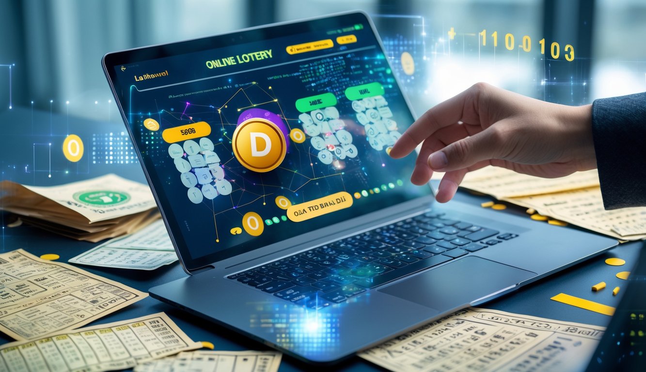 Seorang tangan menggunakan laptop dengan layar menampilkan antarmuka lotere digital, dikelilingi tiket lotere lama dan dokumen kertas di meja kerja.