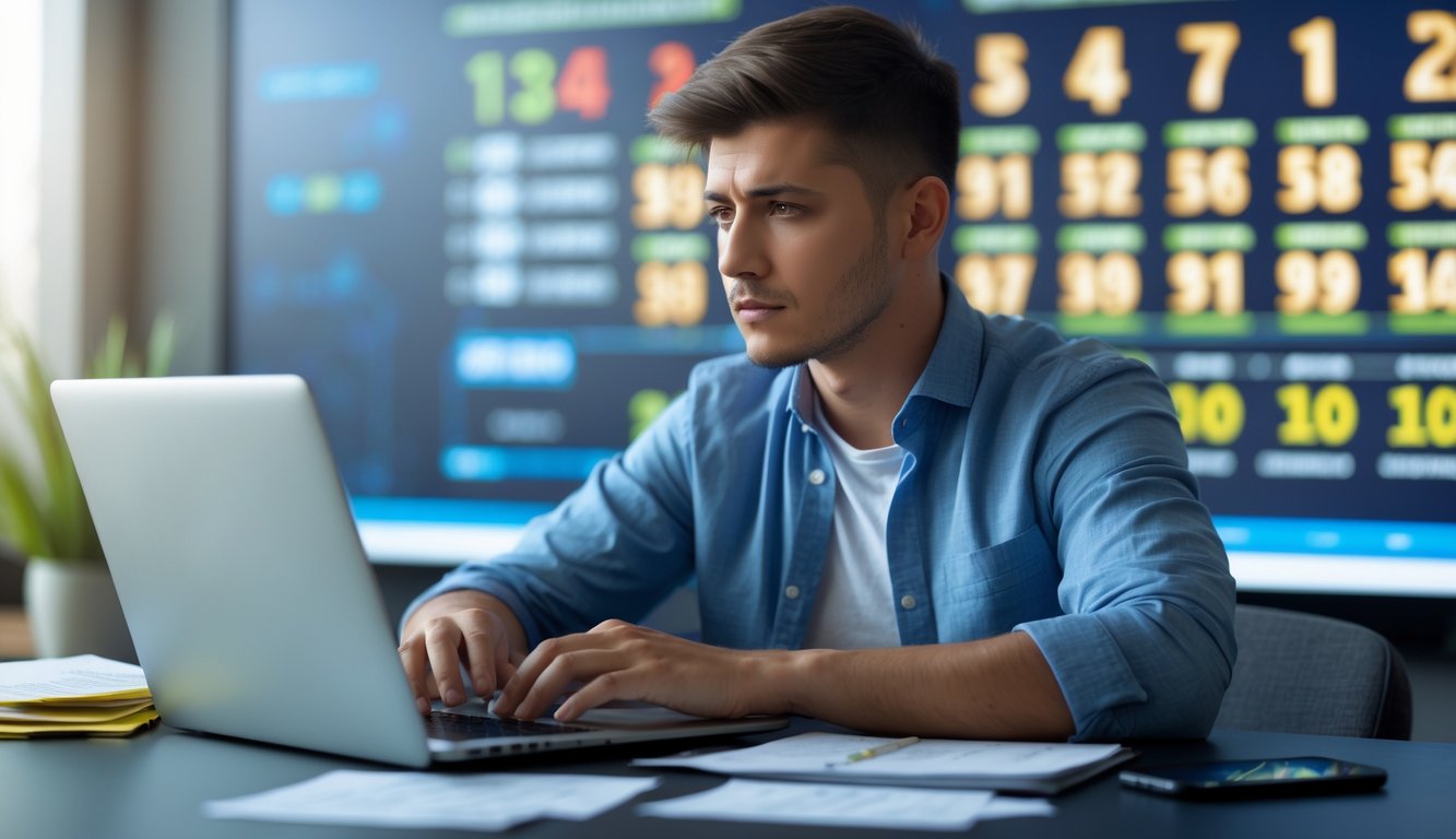 Seorang pria muda duduk di meja dengan laptop dan catatan, terlihat fokus dan berhati-hati saat menggunakan perangkat digital.