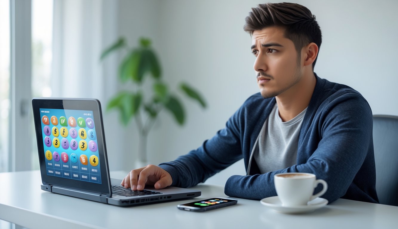 Seorang pria muda duduk di meja dengan laptop dan ponsel, terlihat fokus dan berpikir di ruang kerja rumah yang terang.