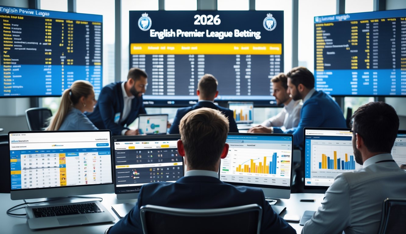 Sekelompok orang sedang menganalisis data pertandingan sepak bola Liga Inggris di sebuah kantor modern dengan layar besar dan perangkat digital.