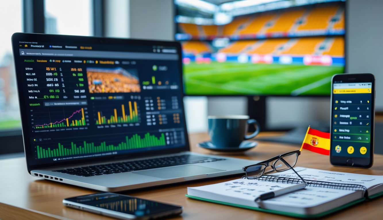 Meja kerja dengan laptop, ponsel, dan catatan yang menampilkan statistik sepak bola, dengan latar belakang stadion sepak bola.