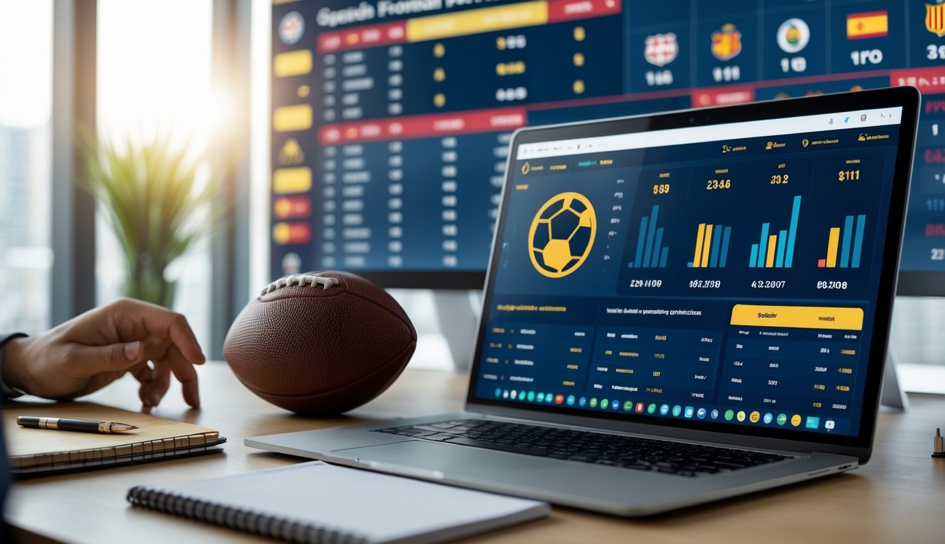 Meja kerja dengan laptop menampilkan statistik sepak bola Liga Spanyol, bola sepak di atas meja, dan layar besar menunjukkan skor pertandingan.