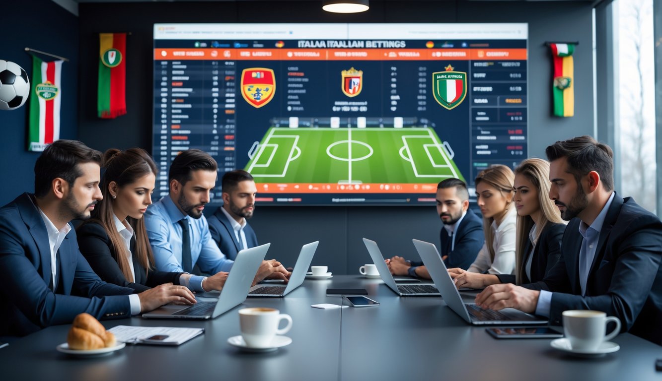 Sekelompok analis sepak bola sedang berdiskusi dan melihat data statistik tim Liga Italia di sebuah kantor modern.