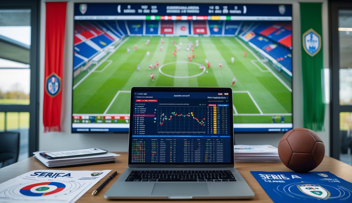 Meja kerja dengan laptop yang menampilkan statistik dan grafik sepak bola Liga Italia, bola sepak, dan layar digital dengan data analisis tim.