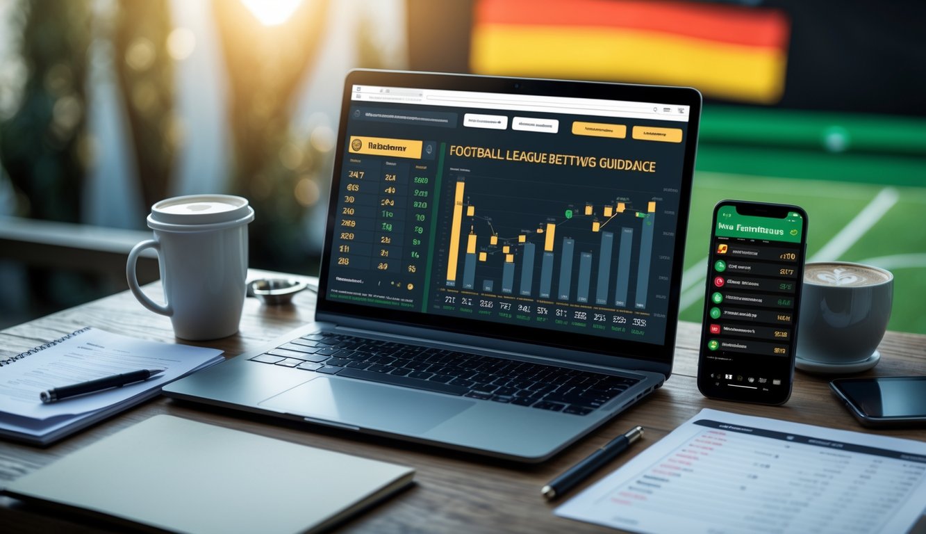Meja kerja dengan laptop menampilkan statistik sepak bola Liga Jerman, kopi, catatan, dan ponsel dengan skor pertandingan langsung.