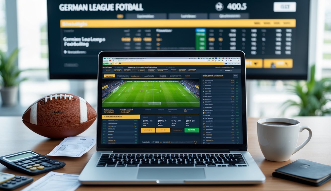 Meja kerja dengan laptop menampilkan situs taruhan sepak bola Liga Jerman, bola sepak, slip taruhan, kalkulator, dan layar besar menampilkan statistik pertandingan.
