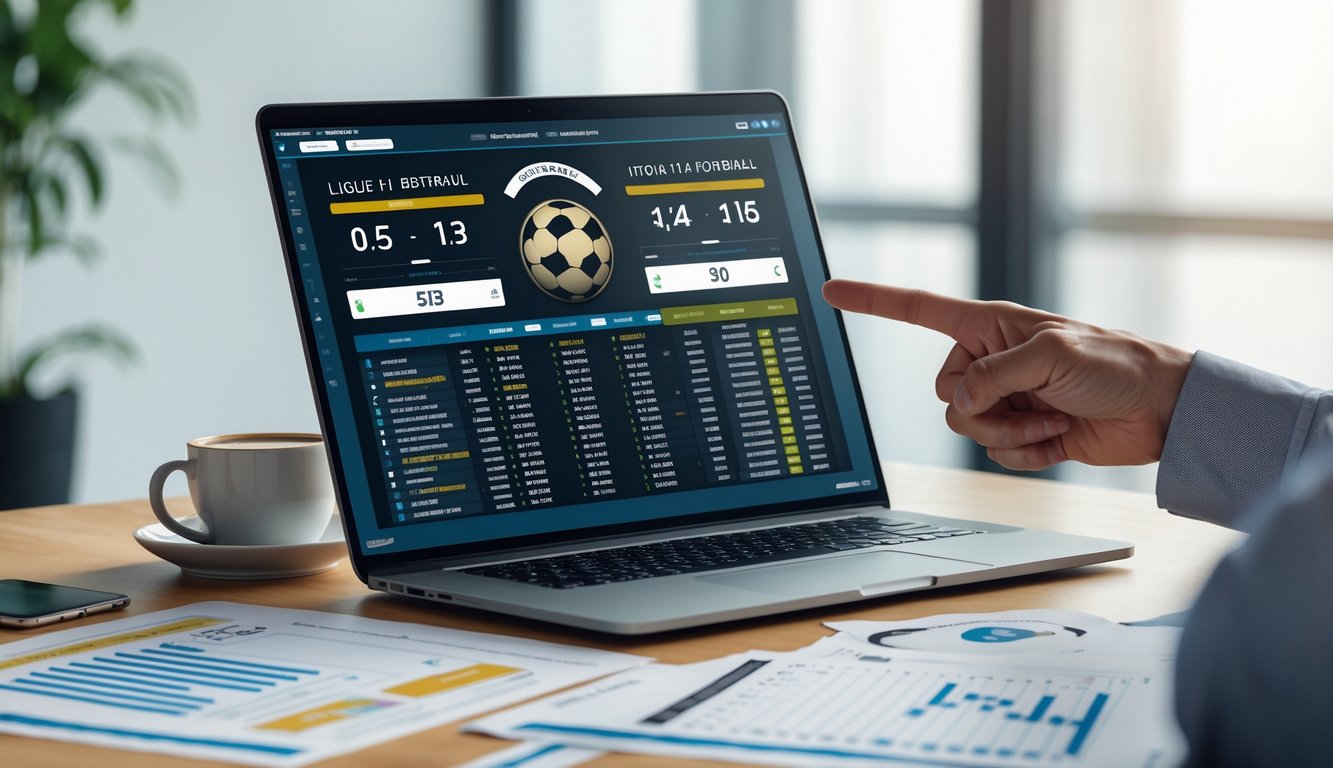 Sebuah ruang kerja modern dengan laptop yang menampilkan statistik dan perbandingan head-to-head sepak bola Liga Prancis, dengan tangan menunjuk layar dan beberapa kertas berisi grafik di sekitar meja.