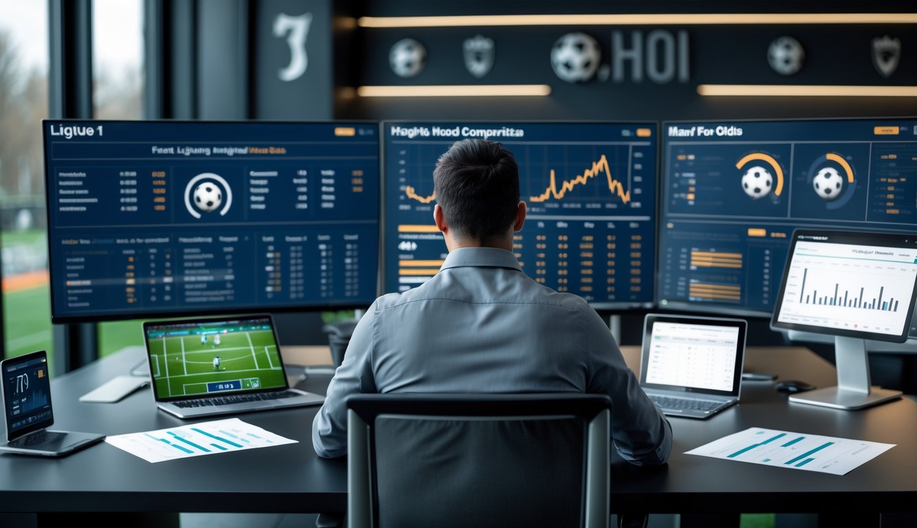 Seorang analis olahraga sedang bekerja di meja dengan beberapa layar komputer yang menampilkan statistik dan perbandingan head-to-head pertandingan Liga Prancis.