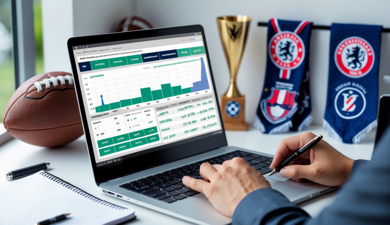 Seseorang sedang melihat layar laptop dengan statistik dan opsi taruhan sepak bola Liga Inggris dan Eropa di meja kerja yang rapi.