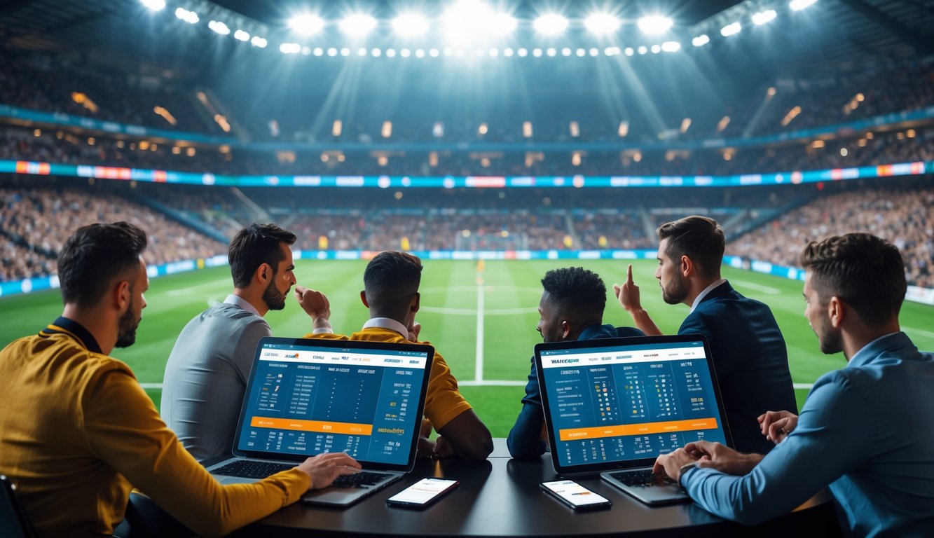 Sekelompok orang sedang menganalisis data pertandingan sepak bola di layar digital dengan latar belakang stadion sepak bola yang penuh penonton.