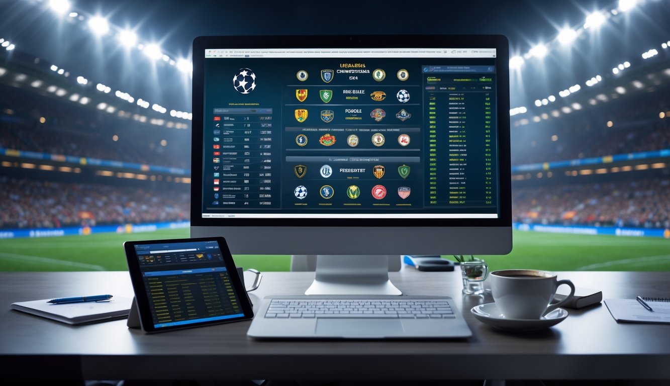 Seorang analis olahraga sedang bekerja dengan layar komputer yang menampilkan statistik sepak bola dan peluang taruhan, dengan latar belakang stadion penuh penonton yang bersorak.