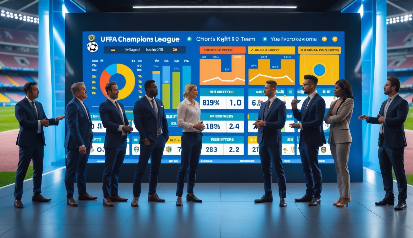 Sekelompok analis olahraga sedang berdiskusi di depan layar besar yang menampilkan data dan grafik tentang tim favorit dan peluang kejutan di Liga Champions.