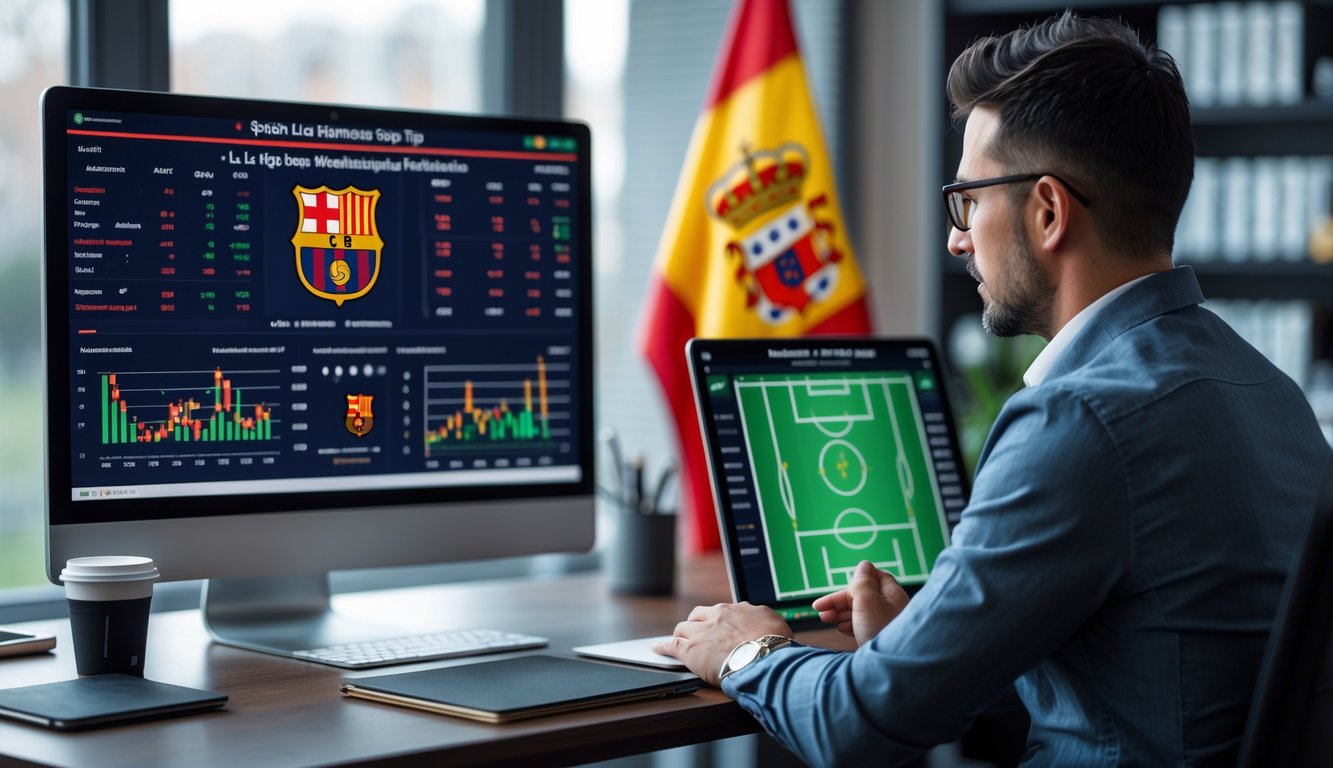 Seorang analis olahraga sedang bekerja di depan komputer dengan grafik dan statistik sepak bola Liga Spanyol, di meja terdapat buku catatan dan tablet, suasana kantor yang profesional dan fokus.