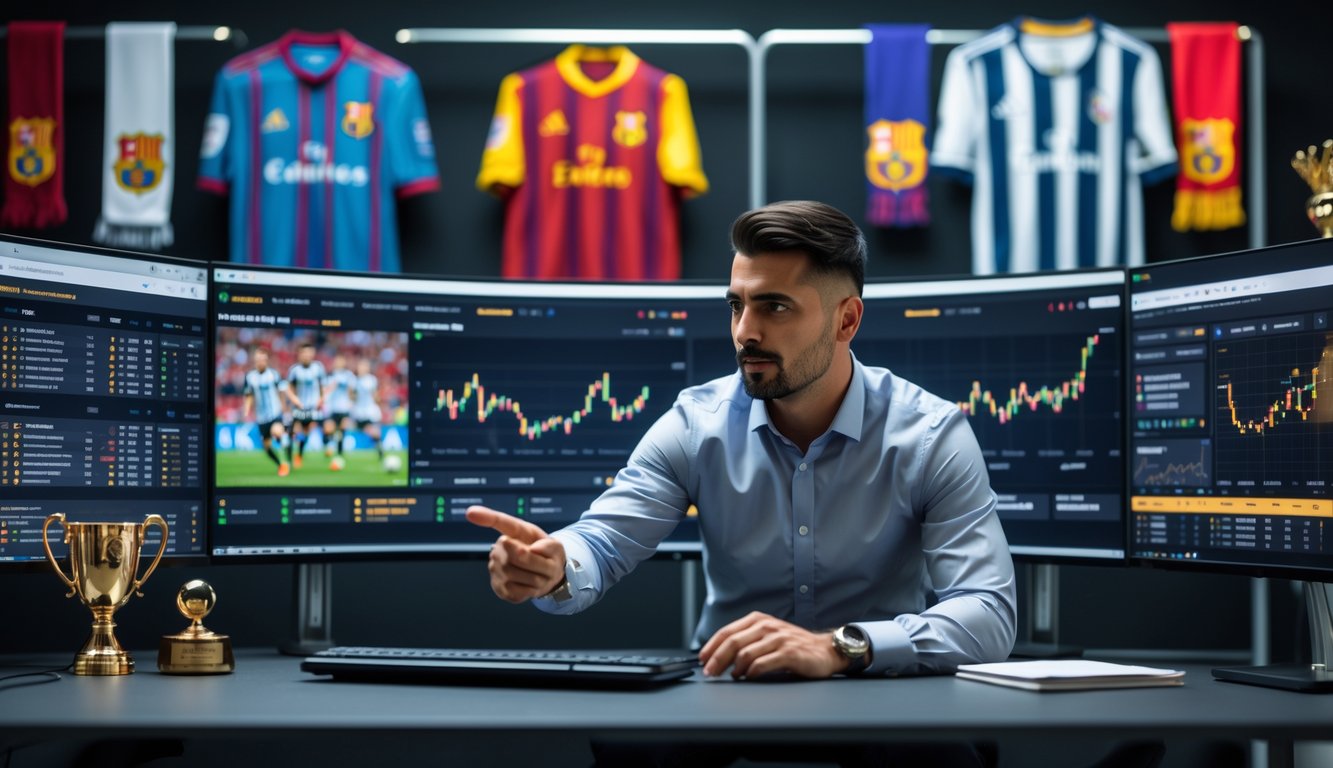 Seorang analis olahraga sedang bekerja di depan beberapa monitor yang menampilkan data dan statistik pertandingan sepak bola Liga Spanyol.