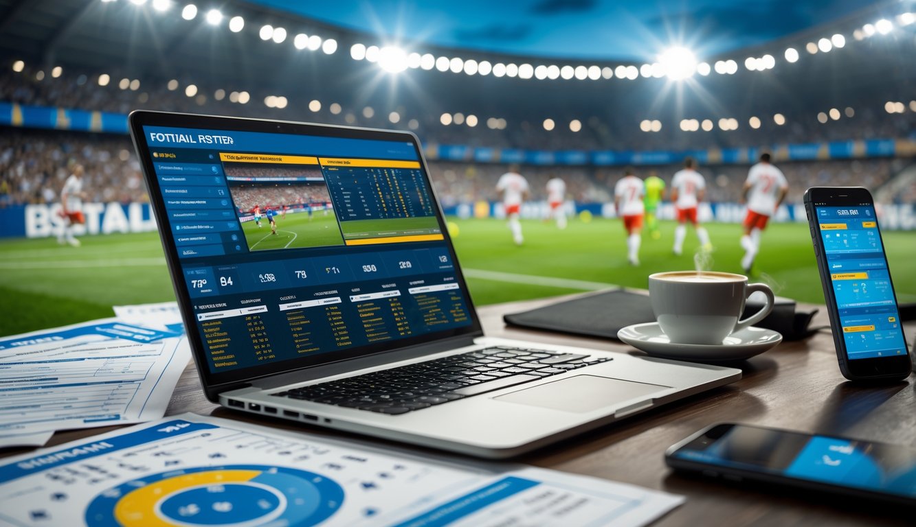 Meja kerja dengan laptop yang menampilkan statistik sepak bola, kertas dengan tren tim dan profil pemain, cangkir espresso, dan ponsel dengan pembaruan pertandingan, dengan latar belakang stadion sepak bola dan pemain yang sedang bertanding.