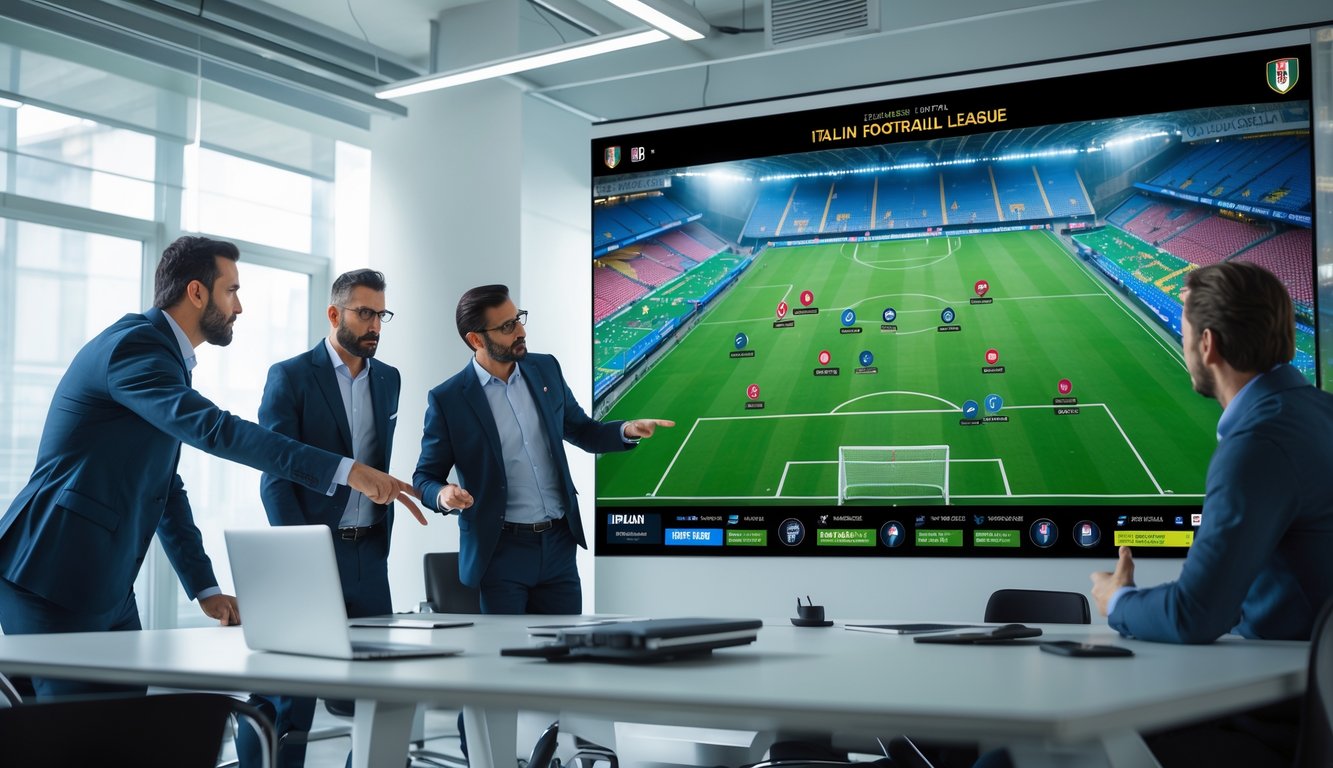 Sekelompok profesional sedang menganalisis data pemain kunci dalam sepak bola Italia di ruang kantor modern dengan layar digital besar.