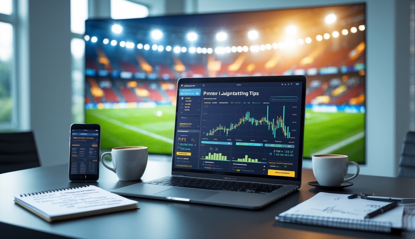 Meja kerja dengan laptop menampilkan statistik sepak bola, smartphone dengan pembaruan pertandingan, dan layar besar di latar belakang menunjukkan pertandingan sepak bola Liga Premier.