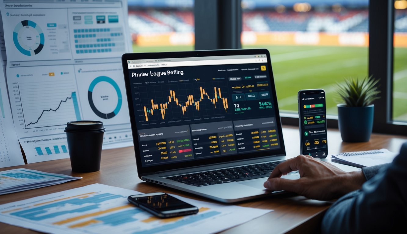 Meja kerja dengan laptop menampilkan statistik sepak bola, ponsel dengan peluang taruhan, dan catatan analisis di sekitar, dengan latar belakang stadion sepak bola.