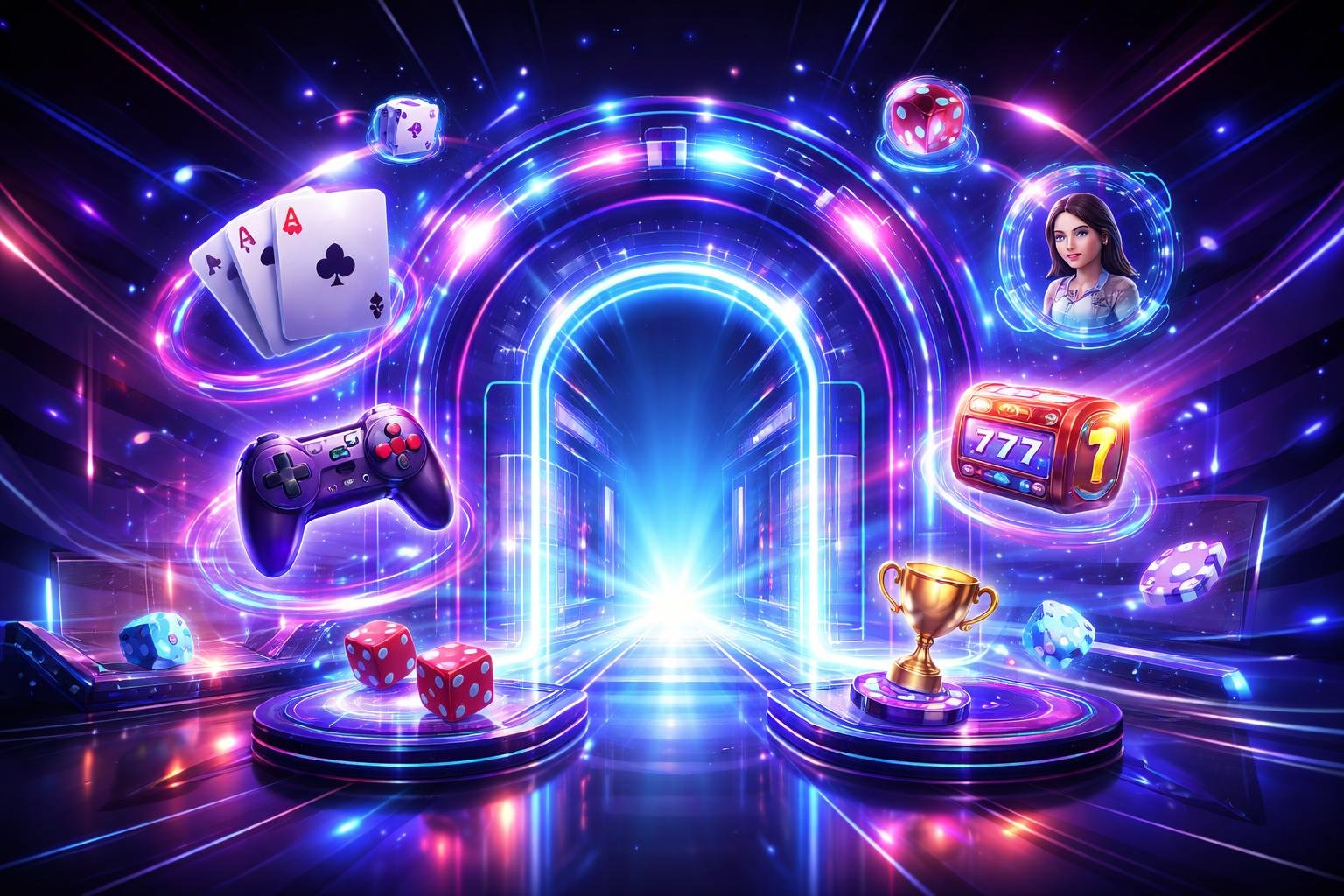 Pemandangan portal digital futuristik dengan ikon permainan yang melayang di sekitarnya, menciptakan suasana hiburan game online yang menarik.