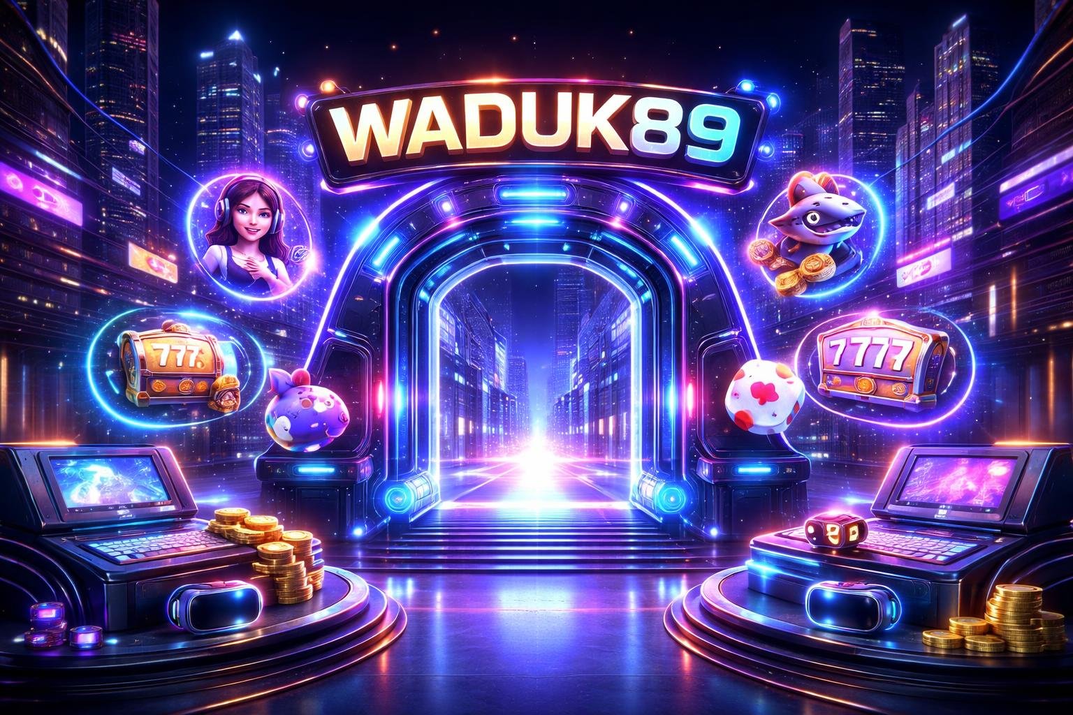 Pemandangan portal permainan online futuristik dengan ikon game holografik dan konsol interaktif di lingkungan kota malam hari.