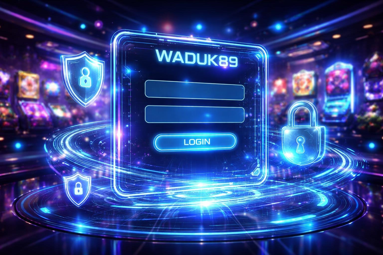 Tampilan antarmuka login portal permainan online dengan elemen keamanan digital di lingkungan virtual berwarna neon.