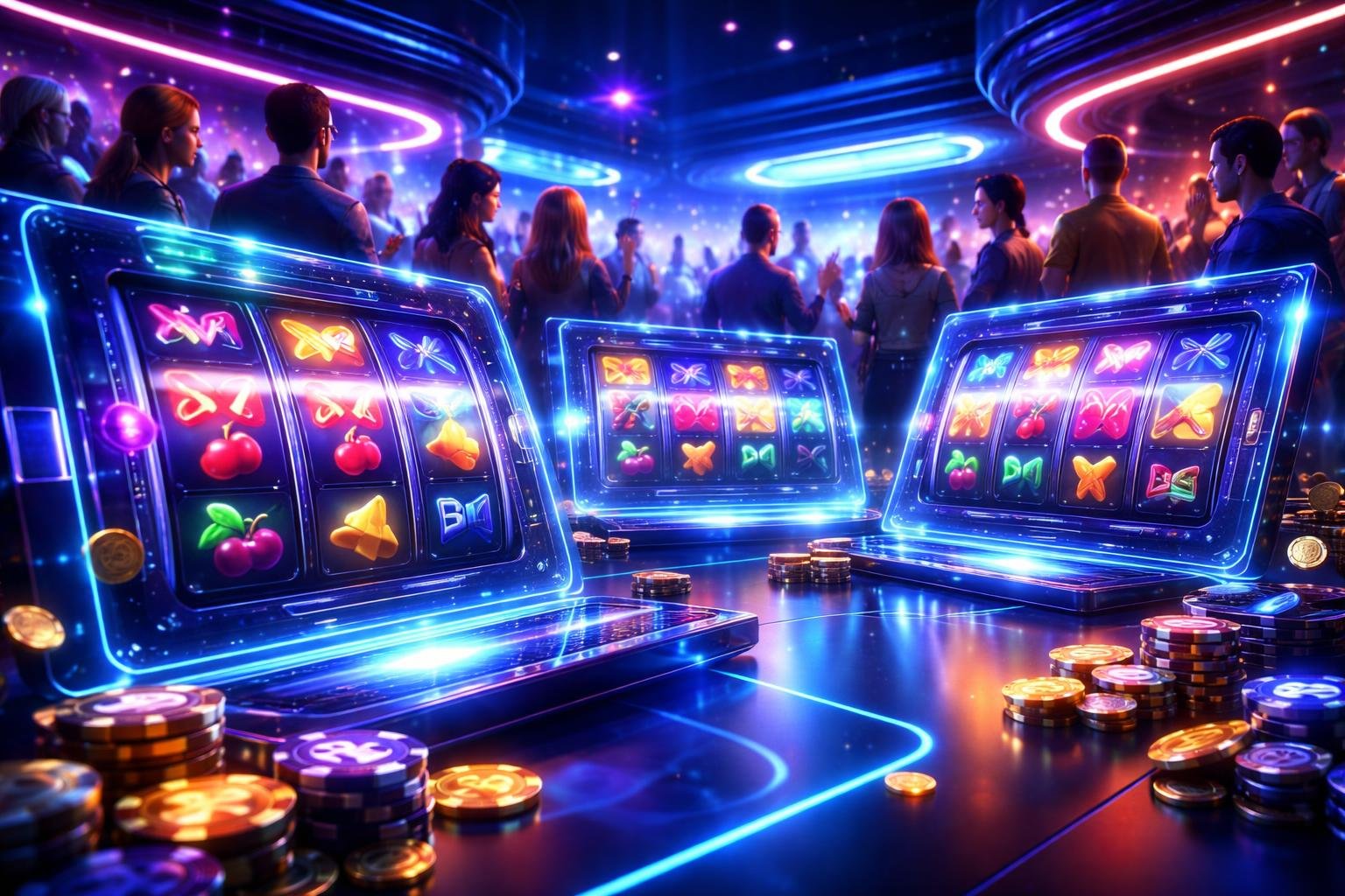 Suasana ruang virtual dengan layar holografik menampilkan mesin slot dan avatar pemain yang berinteraksi dalam lingkungan futuristik.