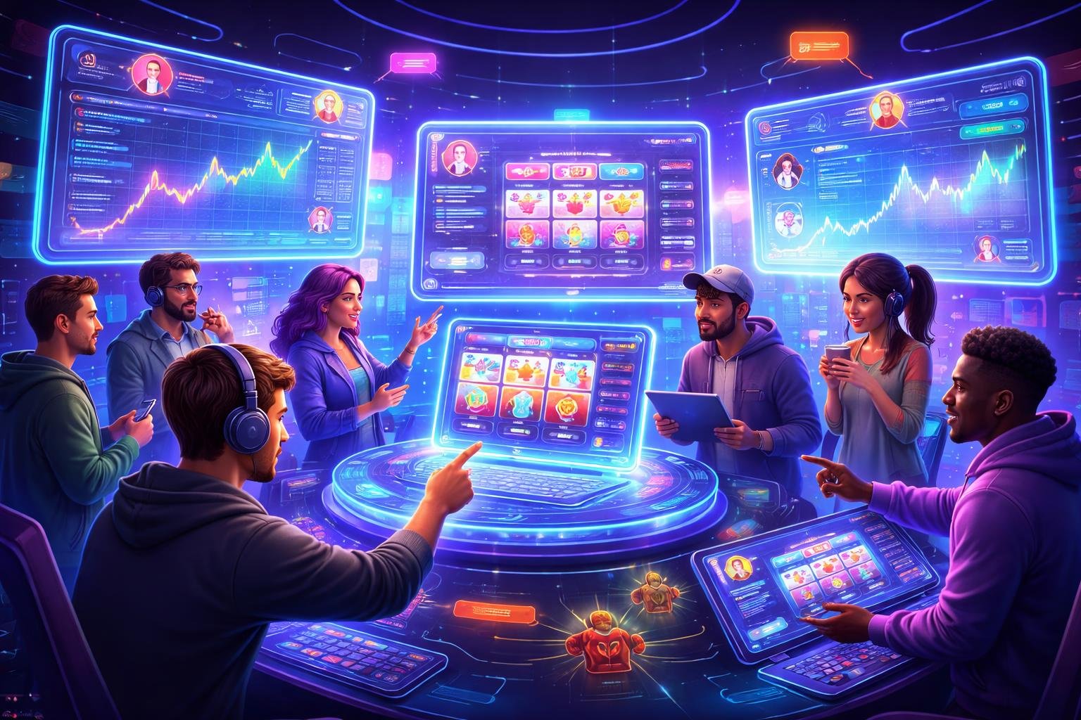 Suasana ruang digital dengan avatar pengguna yang berdiskusi dan berinteraksi di depan layar holografik yang menampilkan grafik dan simbol mesin slot.