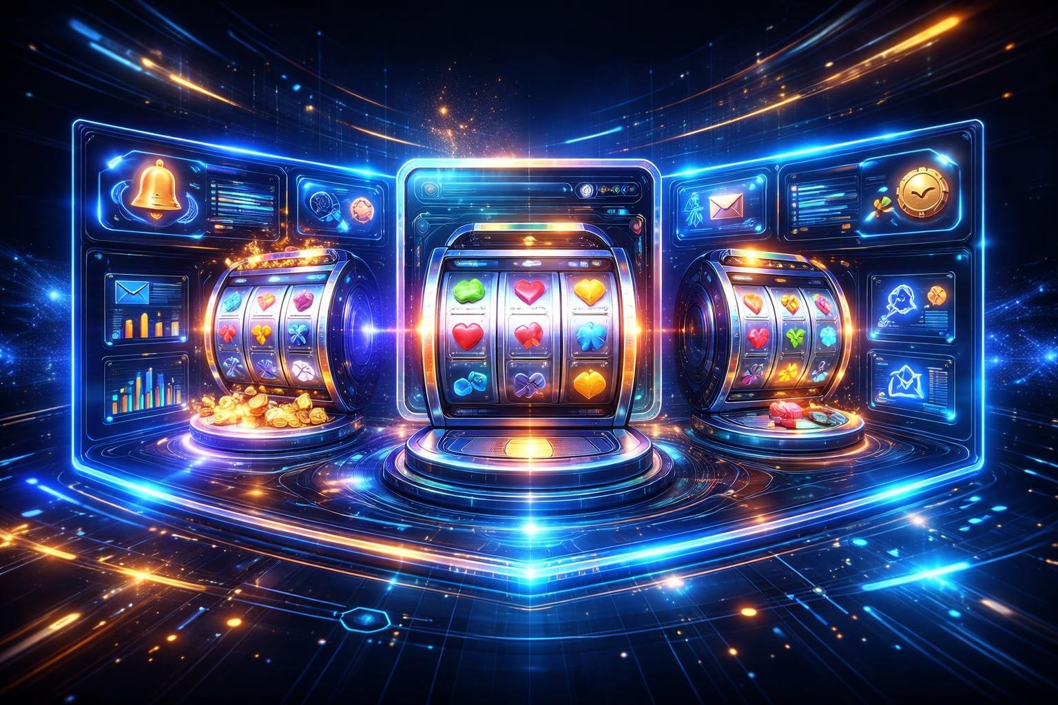 Tampilan antarmuka permainan slot online dengan mesin slot holografik berwarna-warni dan ikon notifikasi di latar belakang gelap futuristik.