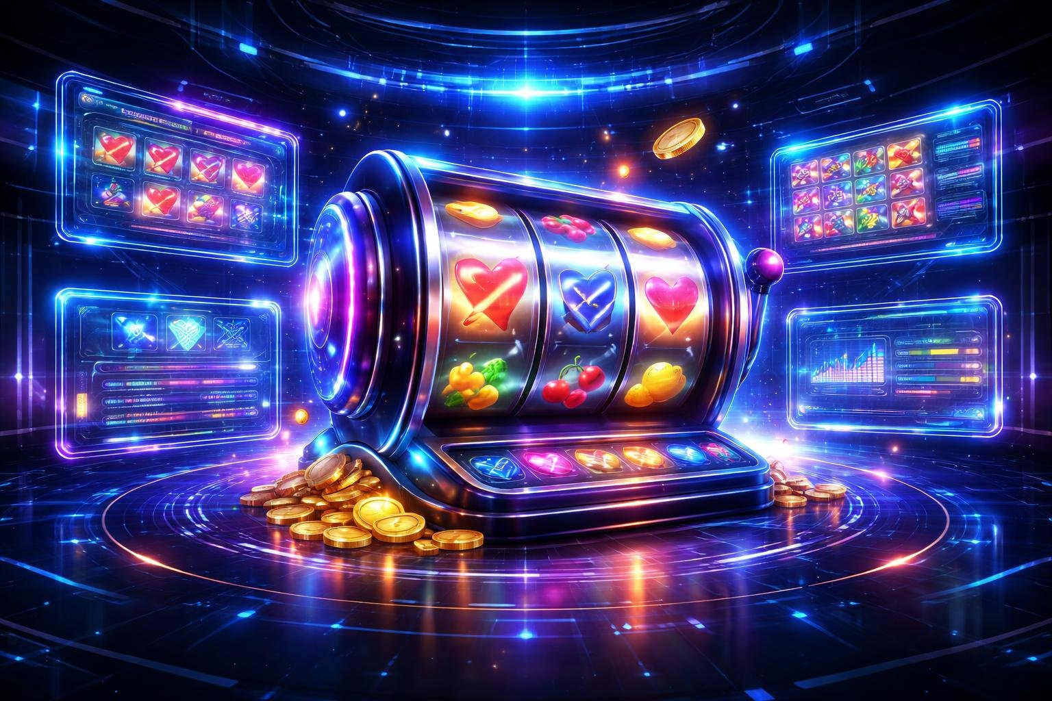 Tampilan antarmuka permainan slot online dengan mesin slot berputar dan panel informasi mengambang di latar belakang gelap bercahaya neon.