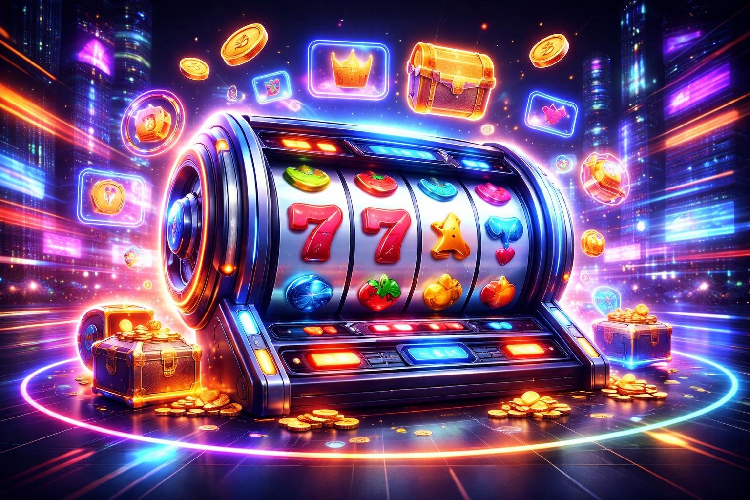 Sebuah mesin slot modern dengan simbol warna-warni dikelilingi oleh ikon digital dan latar belakang kota futuristik dengan lampu neon.