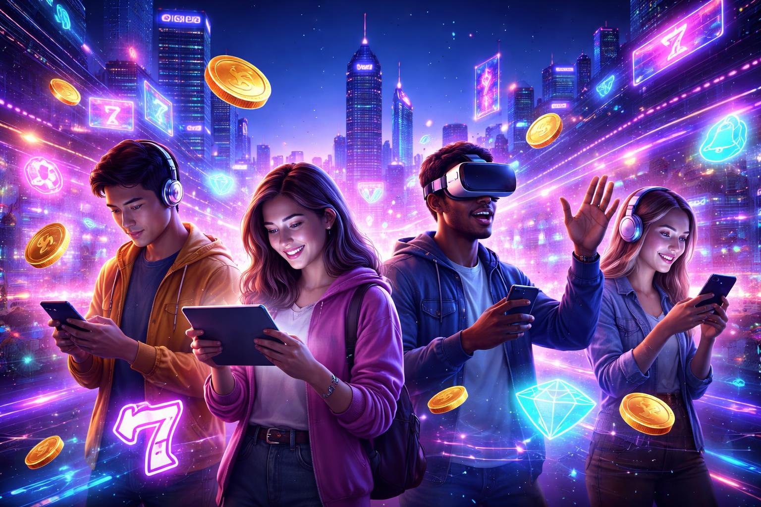 Orang-orang muda menggunakan perangkat digital di kota futuristik dengan simbol permainan slot mengambang di sekitar mereka.