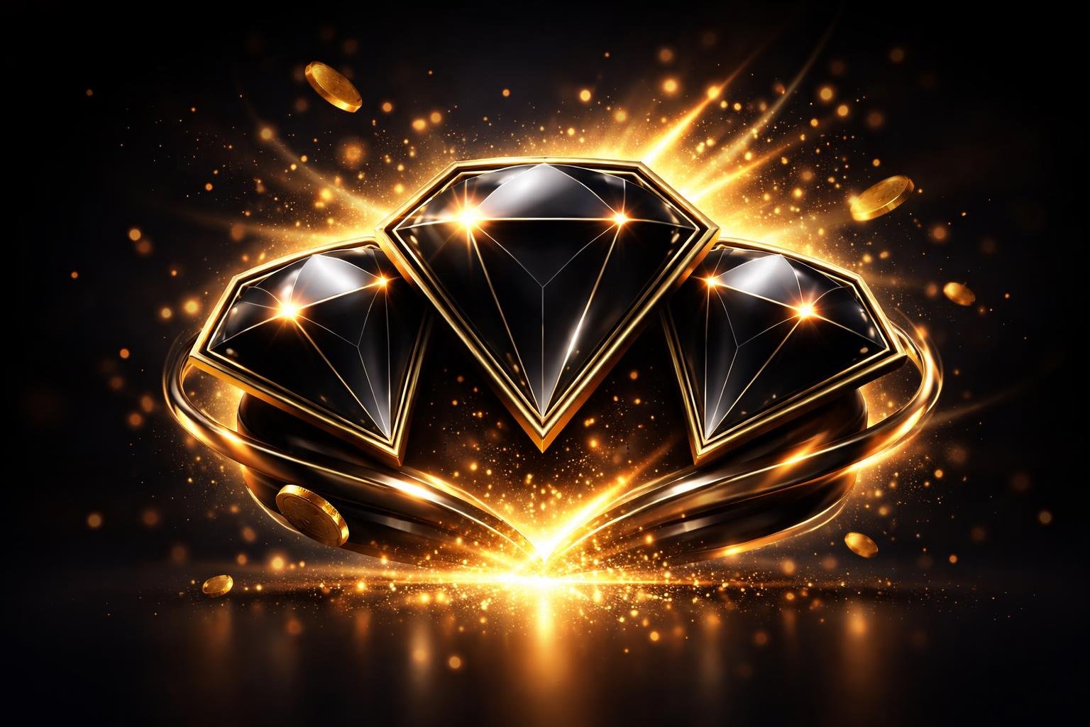 Simbol scatter hitam mengkilap dengan cahaya lembut di latar belakang gelap.