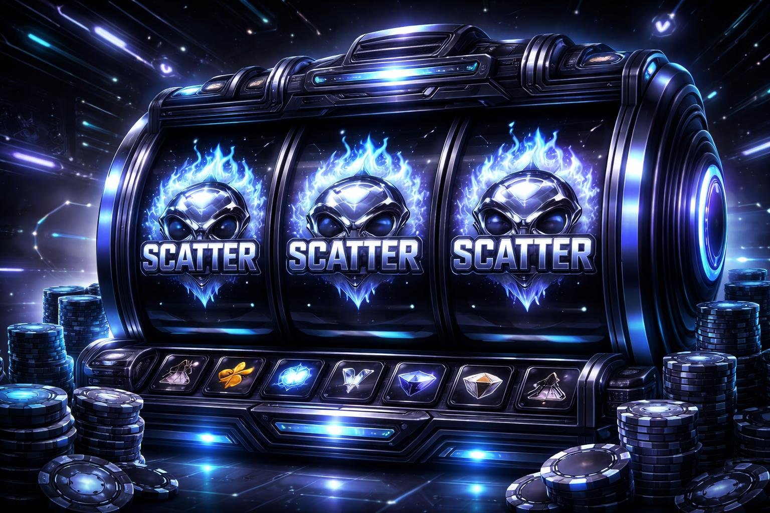 Tampilan mesin slot virtual dengan simbol scatter hitam yang menyala di latar futuristik gelap.