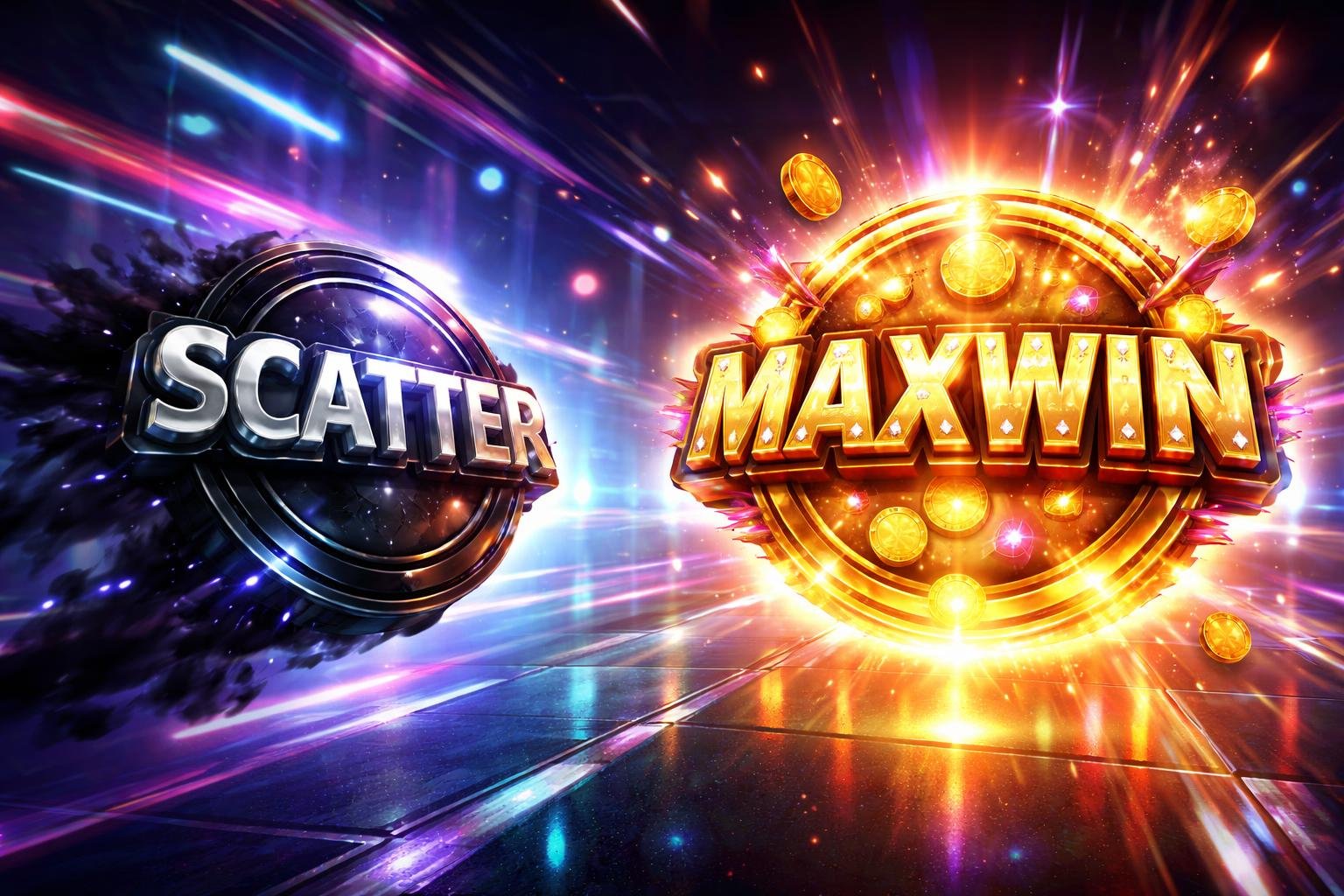 Simbol scatter hitam bergerak menuju ikon Maxwin yang menyala di latar belakang kasino digital futuristik.