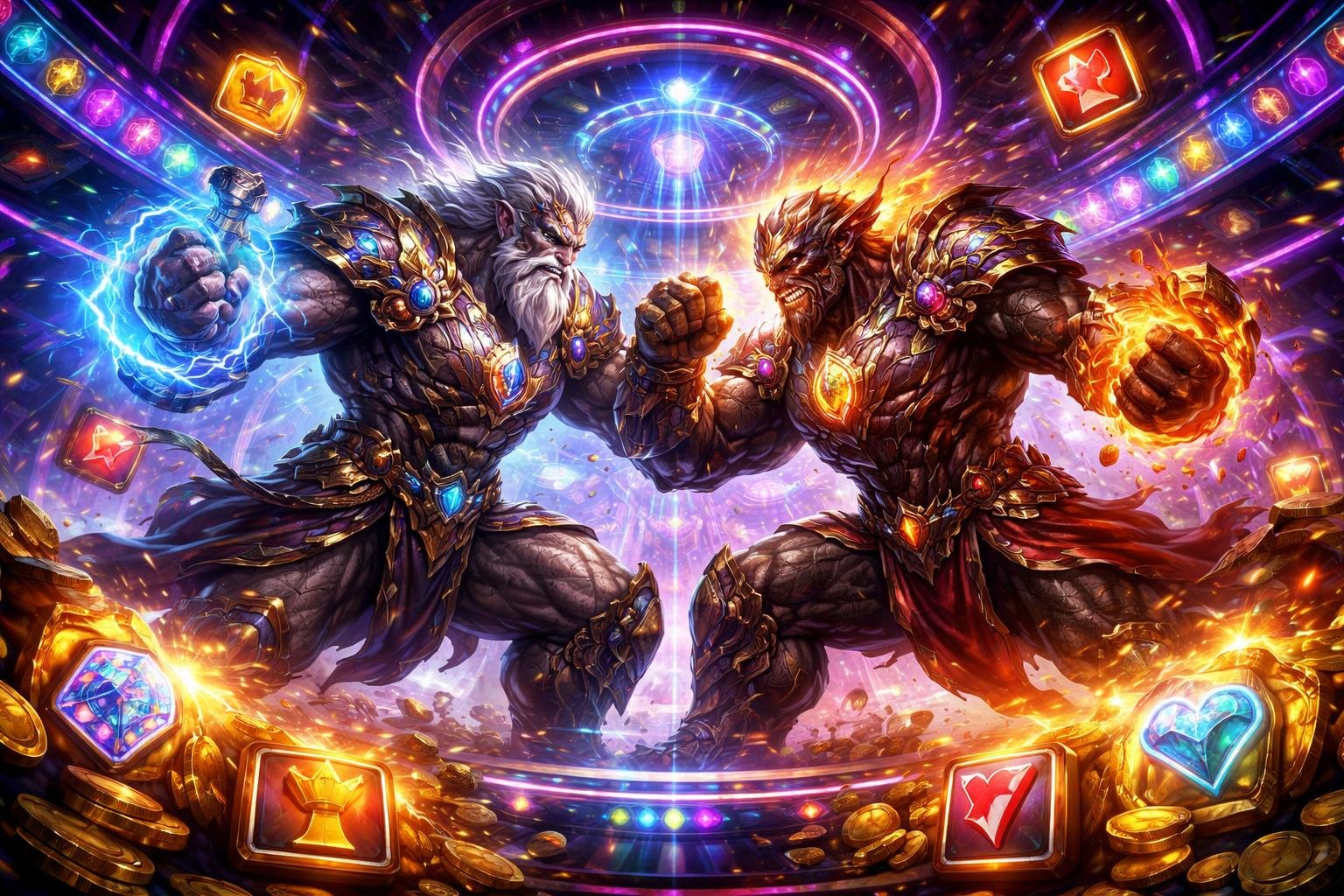Dua titan besar sedang bertarung di arena futuristik dengan simbol slot yang berkilauan di sekelilingnya.