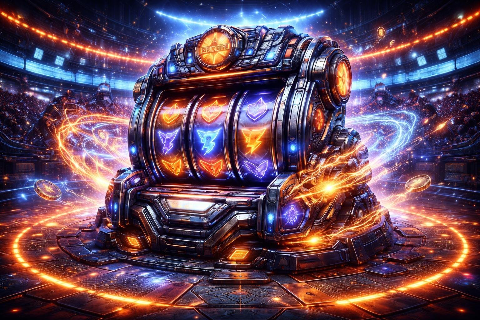 Mesin slot futuristik dengan efek cahaya dan latar arena pertandingan berteknologi tinggi.