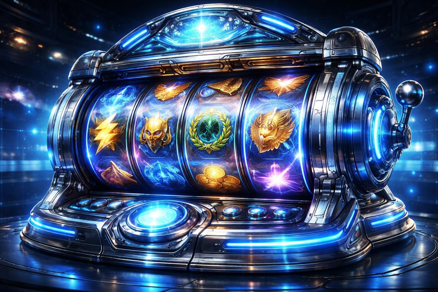 Mesin slot futuristik berwarna biru dan perak dengan latar belakang kasino berteknologi tinggi.