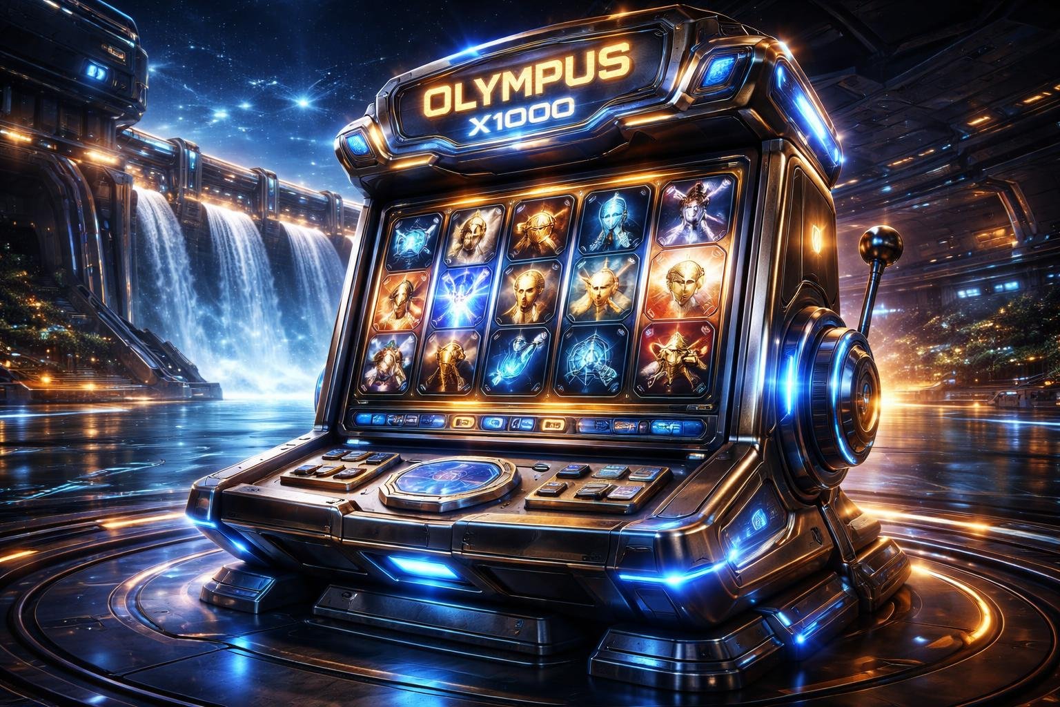 Gambaran mesin slot futuristik di depan bendungan besar dengan air mengalir deras dan pencahayaan ambient.
