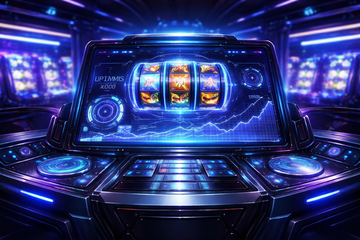 Tampilan panel kontrol futuristik dengan layar holografik dan latar belakang kasino modern berlampu neon.