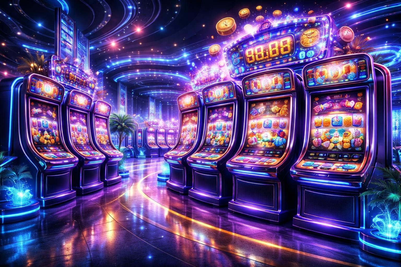 Area mesin slot futuristik dengan lampu neon berwarna-warni dan simbol keberuntungan di dalam kasino modern.