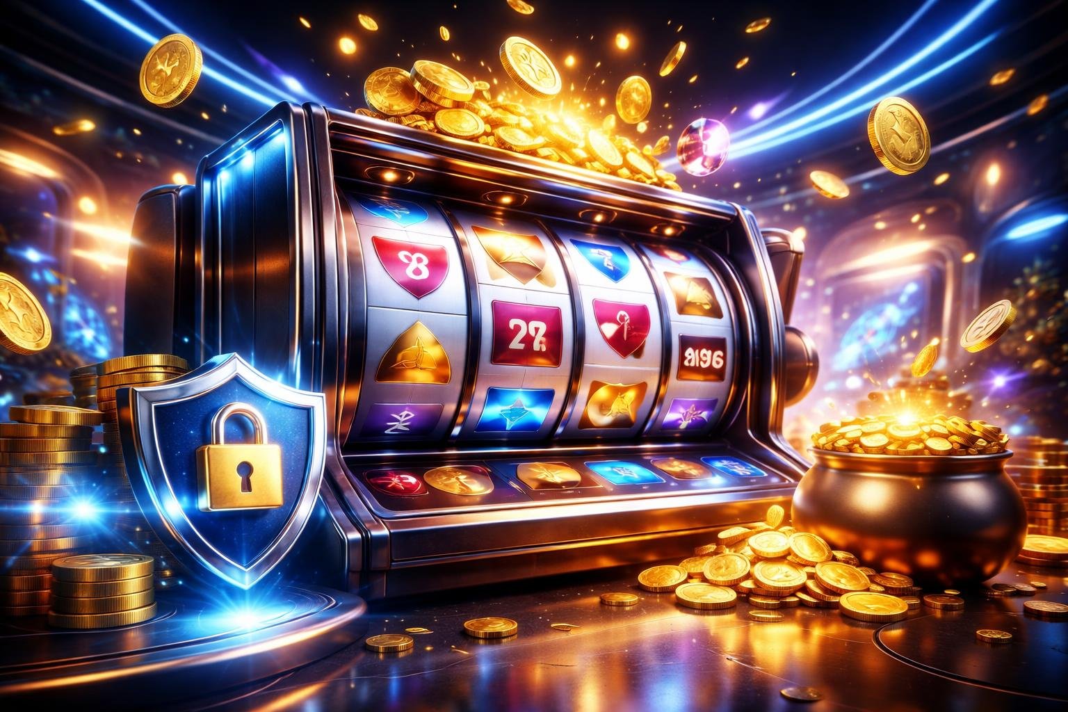 Pemandangan mesin slot digital yang berwarna-warni dengan koin emas dan simbol keamanan di latar belakang futuristik.