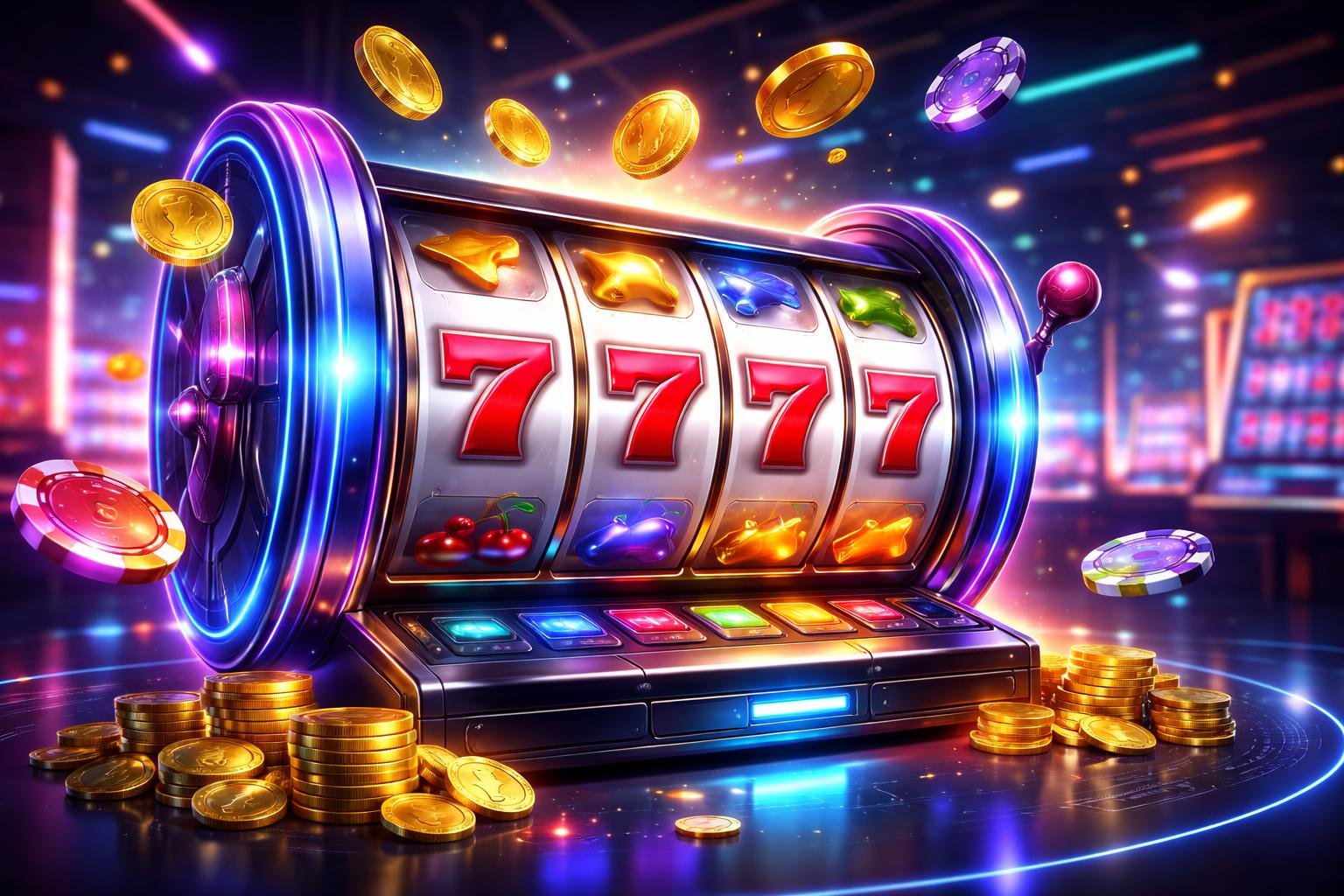 Tampilan mesin slot digital berwarna-warni dengan simbol berputar dan latar belakang suasana kasino modern yang menarik.