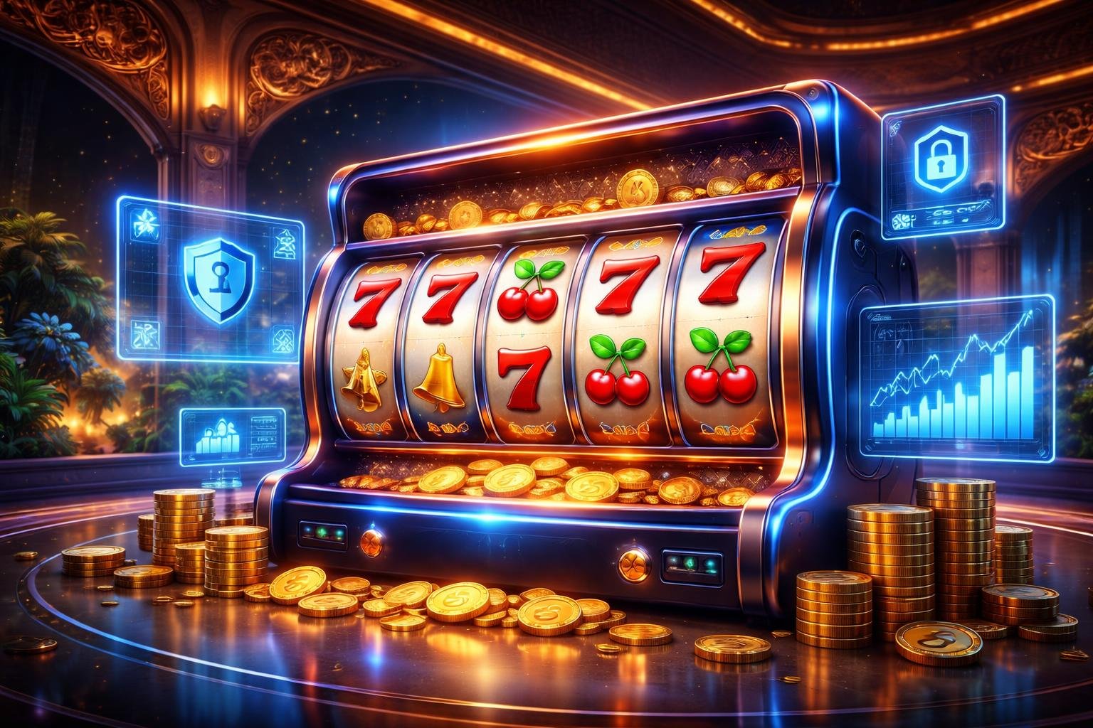 Gambaran mesin slot digital modern dengan latar kasino futuristik dan elemen budaya Indonesia, menampilkan suasana yang aman dan terpercaya.