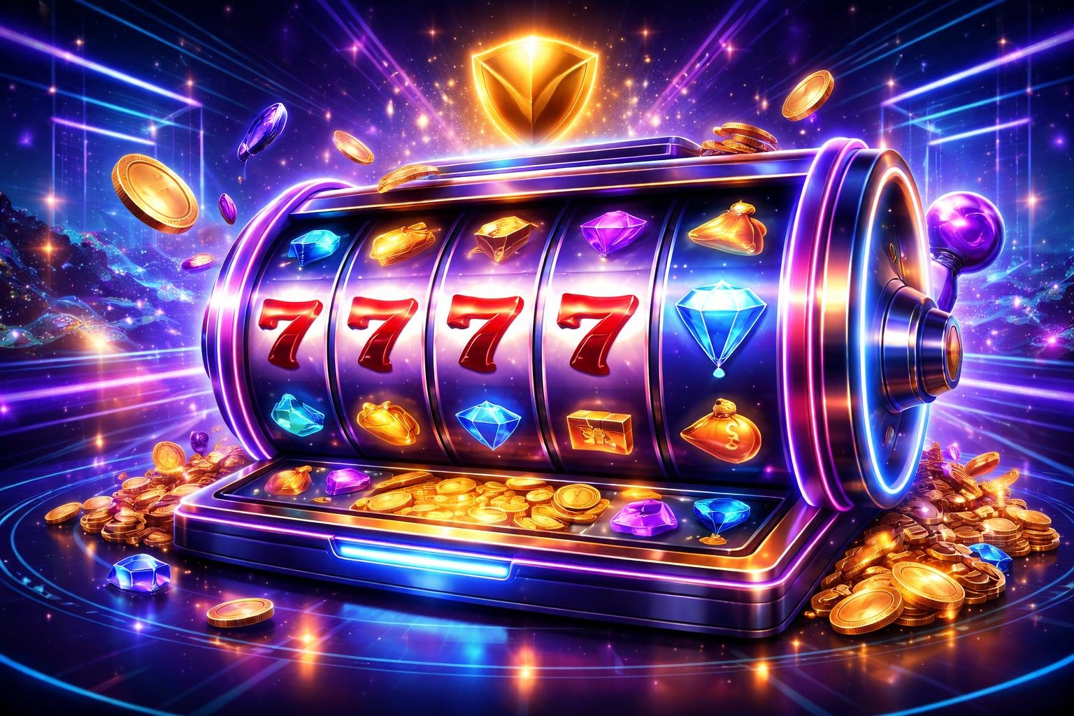 Tampilan mesin slot digital dengan lampu neon berwarna biru, ungu, dan emas di dalam lingkungan kasino futuristik yang cerah dan menarik.